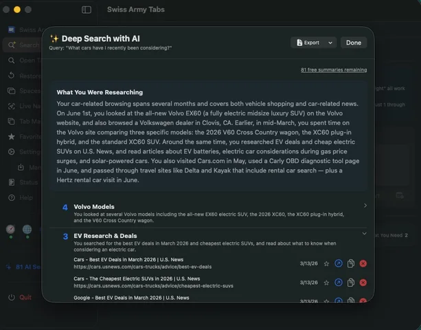 Deep Search with AI result recalling recent car research with an export option