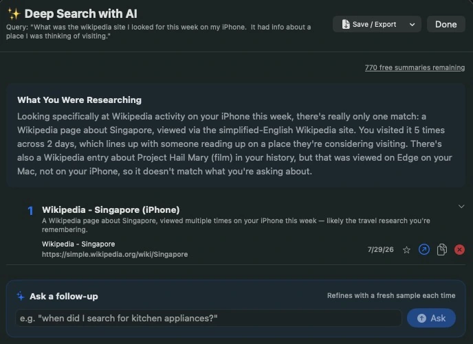 Deep Search on the Mac answering a question about pages read on iPhone, identifying a Singapore Wikipedia page viewed on iPhone and explicitly excluding a page viewed in Edge on the Mac.