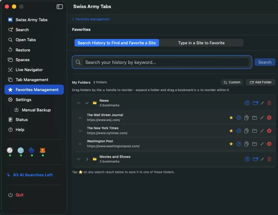 Favorites Management screen showing folders, saved URLs, and import/export tools.