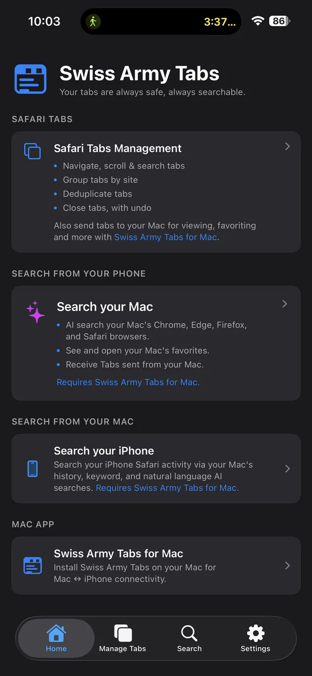 Swiss Army Tabs for iPhone home screen showing Safari tab management, search your Mac, and the Mac companion app.