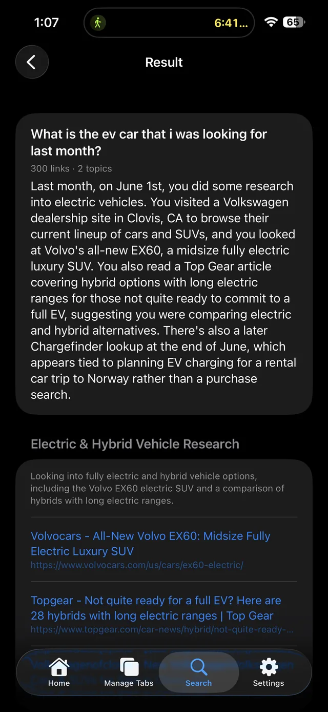 An AI search result on iPhone recalling recent electric-vehicle research from the Mac's history, with source links.