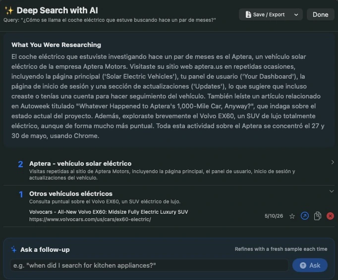 The same question asked in Spanish, answered in Spanish, identifying the Aptera and noting the visits took place in Chrome on 27 and 30 May.