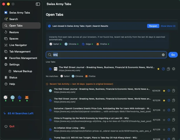 Open Tabs search showing live tabs and recent tab activity