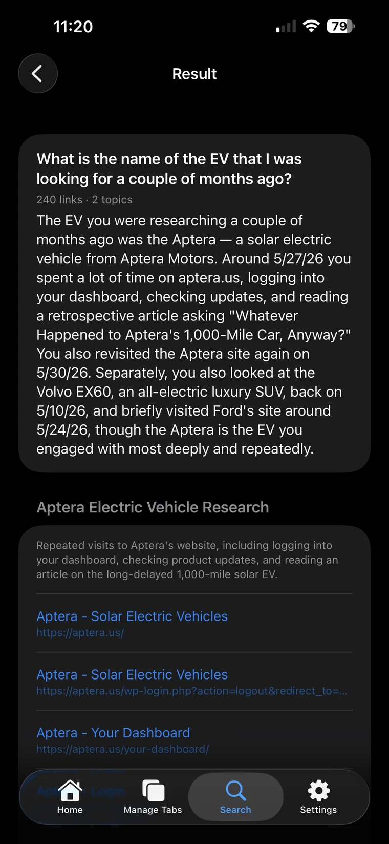 A full Deep Search result rendered on iPhone, identifying the Aptera across 240 indexed links and two topics.