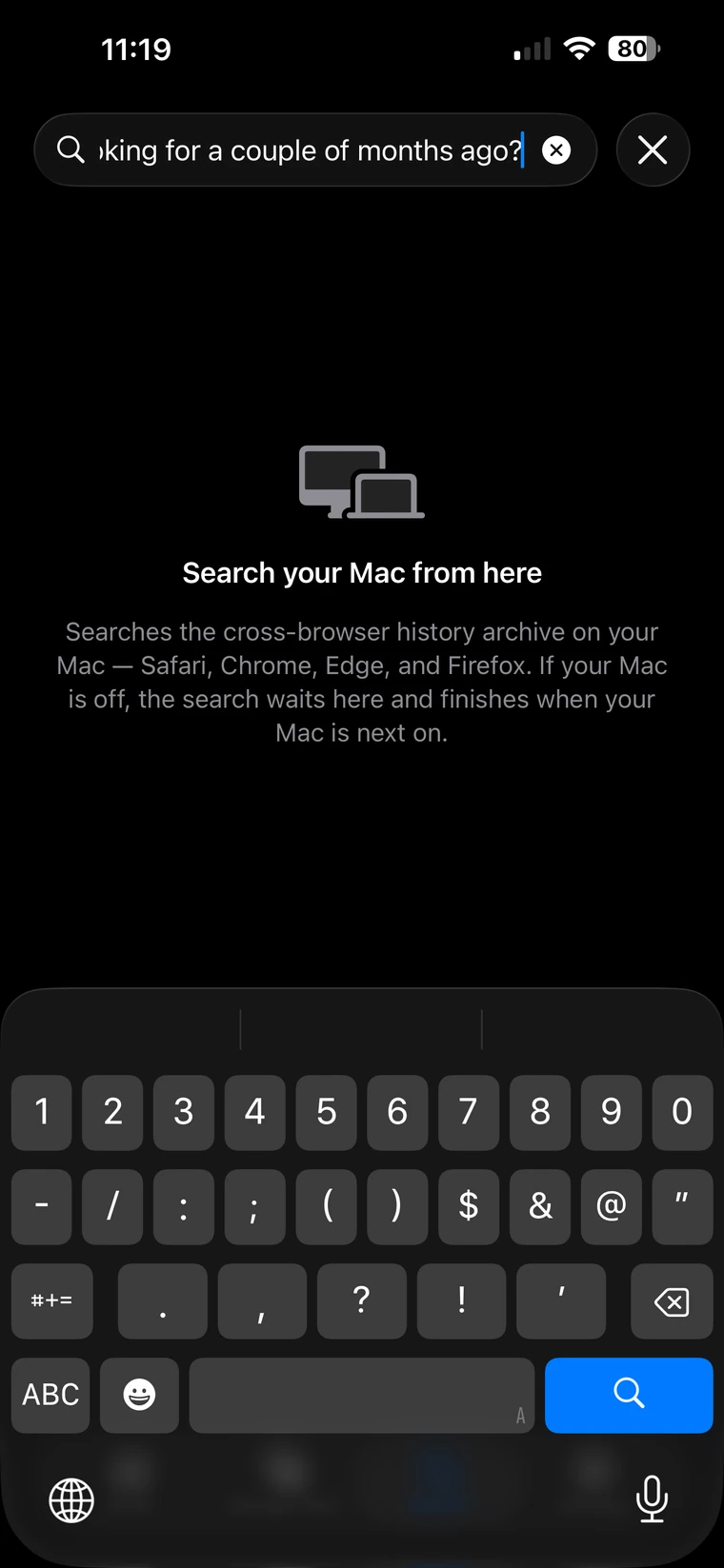 Swiss Army Tabs on iPhone explaining that it searches the cross-browser history archive on the Mac, and that a search will wait if the Mac is off.